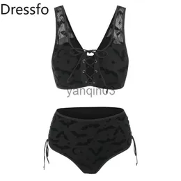 Women's Swimwear Dressfo Gothic Bikini Set Swimsuit Bat Crescent Star Print Bathing Suit Tankini Cinched Mesh Lace Up Cut Out Swimwear 2023 Women J230603
