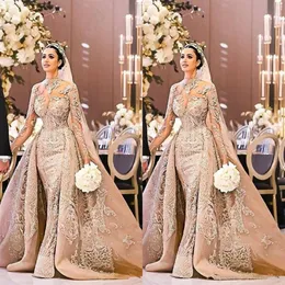 Nuovo abito da sposa a maniche lunghe arabo Dubai Splendido collo alto 2020 Mermaid Appliques in pizzo treno staccabile Abito da sposa vestido de 341P