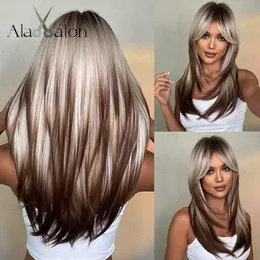 Synthetic Wigs ALAN Blonde Layered for Women Long Straight Brown Highlights with Bangs Balayage Hair Heat Resistant 230602
