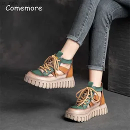 Comemore 2023 New Summer Platform Medium Heel Sandals Boots Curagy Fashion本物のPUレザートレンド女性サンダルローマ靴40 L230518