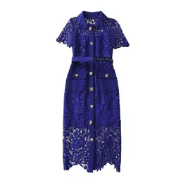 Summer Blue Floral Lace Belted Dress Short Sleeve Lapel Neck Double Pockets Single-Breasted Casual Dresses A3A101527