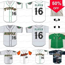 Xflsp GlaA3740 Norfolk Tides Minor League Stitched Baseball Jersey Custom 100% Embroidery White Grey Green Shirts Stitched