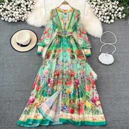 Vestidos novos 2022 Summer Fashion Runway Elegante Chiffon Maxi Mulheres Deep V Neck Prish Print Boho Party Dress Long Dress N6878