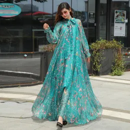 Klänning 2023 Ny anländer Chiffon långärmad blommig tryckklänning boho plus storlek kvinnor strand fest trädgård maxi klänning elegant vestidos mantel