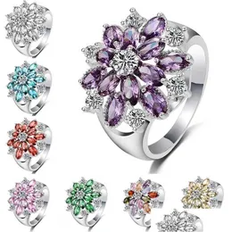 Anéis de banda Princesa Flor Fl Diamante Anel de noivado Sier Cor Cristal austríaco Cor Vermelho Verde Roxo Azul Rosa Branco Amarelo Dro Dhndp