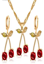 2020 New Crystal Cherry Jewelry Set for Bridal Wedding Jewelry Golden Plated Red Cherry Pendant Earrings Necklace Sets2605712
