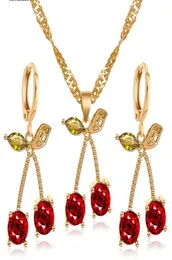 2020 New Crystal Cherry Jewelry Set for Bridal Wedding Jewelry Golden Plated Red Cherry Pendant Earrings Necklace Sets5143016