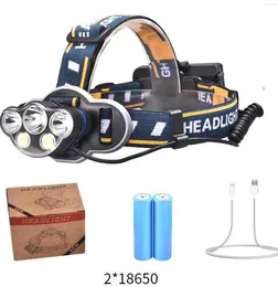 5 LED T6 strålkastare 3LED 2COB Ficklamp 20000 Lumens 8 Mode Zoomable Strålkastare Uppladdningsbar Huvudlampans ficklampa+ 2*18650 Batteri+ USB -laddare