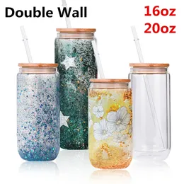 Botellas de agua de vidrio de doble pared, tazas de bola de nieve preperforadas rectas para tazas de sublimación y purpurina, 16 oz, 20 oz, almacén de EE. UU.