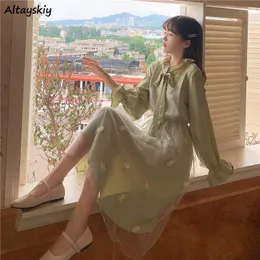 Kleider Langarm Kleid Frauen Patchwork Bogenkragen Stickerei Elegant College Trendy Kausaler Urlaub Ulzzang Empire Schöne Herbst Aprikose