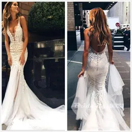 Sexy V Neck Lace Mermaid Beach Wedding Dresses 2020 Tulle Applique Backless Bridal Dresses Plus Size Wedding Gowns robes de mariee2245
