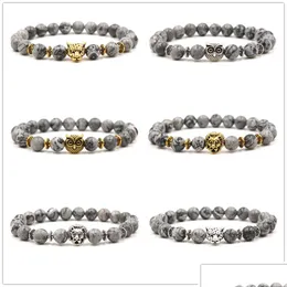 Beaded 6 Styles 8mm Gray Natural Stone Pärlor Armband Metall Owl Lion Head Charms Nce Buddha Prayer Stretch Yoga smycken Drop Deliver Dhzb4