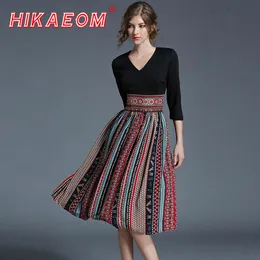 Elbise Sonbahar Kadınlar Vintage Elbiseler 2018 Yeni Fermuar V Boyun Yüksek Bel Retro Şifon Baskı Diz Uzunluğu Elbise Kadınlar Vestido De Festa