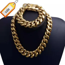 Stainless Steel Thick 22mm Round Cuban Chain Choker 18K Gold Luxury Mens Miami Cuban Link Chain Necklace Bracelet Set Bracelet