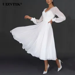 Платья Сексуальные шифоновые белые миди-платья с V-образным вырезом для женщин Летние платья 2023 Элегантное вечернее бальное платье для гостей на свадьбе с длинными рукавами