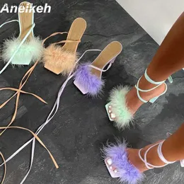 Aneikeh New Summer Rome Fashion Forry Furry Cross-Scired Women Pumps 2023 Сексуальные 11 см. Тонкие высокие каблуки для кружевного платья.