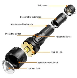 Super Powerful XHP90 Flashlight Tactical Hunting LED Torch USB Rechargeable Lamp Super Bright Zoom White laser light Torch with 26650 Battey Alkingline