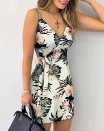 Casual Dresses 2023 Women's Tropical Print Tie Detaljerad förpackning Spring/Summer V-ringad ärmlös blomma Sexig nattklubb Party Dress G220602