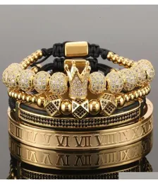 4PcsSet Gold Hip Hop Hand Made Bead Bracelet Men Copper Pave Cz Zircon Crown Roman Numeral Bracelets Bangles Jewelry Bxyni9150375