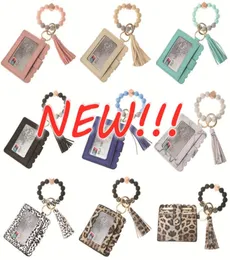 PU Leather Bracelet Wallet Keychain Tassels Bangle Key Ring Holder Card Bag Silicone Beaded Wristlet Keychains Handbag DHL Ship FY7089115