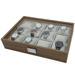 Caixas de relógios Caixas de relógios Caixas de relógios com 12 compartimentos Organizador para relógios de madeira de nogueira Caixa de exibição de armazenamento Seda Algodão Travesseiro Vidro acrílico Caixas de madeira Caixas 230602