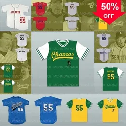 Xflsp GlaMitNess Mens Kenny Powers # 55 Eastbound and Down Mexican Myrtle Beach Mermen Charros Kenny Powers Masculino Feminino Camisas de Beisebol Juvenis Costura Dupla