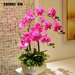 Decorative Flowers Real Touch Ikebana Artificial Butterfly Orchid Arrangements Wedding Latex With Ceramic Flower Pot White Purple