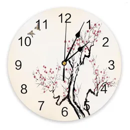 Orologi da parete Plum Blossom Branch Bird Ink Style Home Decoration Orologi rotondi silenziosi per la decorazione della cucina del soggiorno