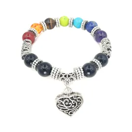 JLN Heart Charm Seven Chakra Armband Natural Stone Amethyst Tiger Eye Alloy Charm med Antique Silver Spacer Yoga Armband For Women Girls Lovers