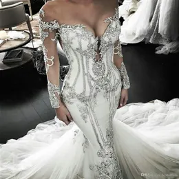 2022 Vintage Long Sleeve Mermaid Wedding Dresses Crystal Beaded Luxury Plus Size Bridal Dress Sweep Train Sheer Jewel Neck Vestido265m