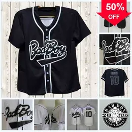 Xflsp GlaC202 Maglia da baseball da uomo Bad Boy Movie # 10 Biggie The Notorious B.I.G.Smalls Maglia da baseball nera bianca con bottoni a doppia cucitura Lettering