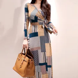 Casual Dresses Robe Ete Femme Vestido Feminino Women Summer 3/4 Sleeve V Neck Wrap With Belt Split Boho Beach Maxi Long Dress