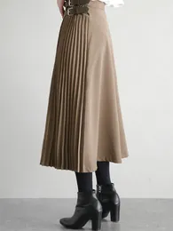 Dresses Autumn Winter Irregular Sashes Mid Calf Women Pleated Skirt Pleated Skirt Vintage High Waist Casual Skirts Female Faldas New