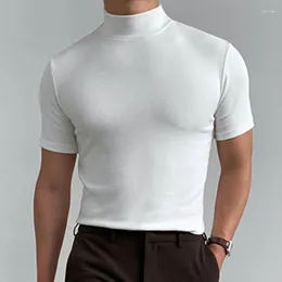 Camisetas Masculinas 2023 Tight Color Solid T-shirt Casual Streetwear Gola alta Manga curta Bottom Tees S-5XL Modelador de verão Lazer