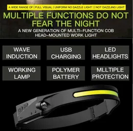 مصابيح الأمامية الكاملة لاستشعار الموجة المرئية XPE+COB متعدد الوظائف USB مصباح رأس القابل لإعادة الشحن محمولة محمولة مصباح أمامي عالمي قابل للتعديل في الهواء الطلق.