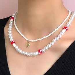 Collane con ciondolo 2 pezzi / set perle d'imitazione amore collana di perline donne fungo bianco perline filo girocollo gioielli bohémien 2023