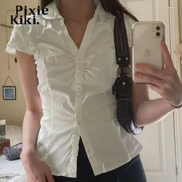 Women's Blouses PixieKiki Y2k Coquette White Tops Korean Style Button Up Crop Shirts For Women Summer Casual Short Sleeve P77-CC10