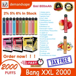 Bang XXL 2000 Puffs E-cigarettes Bang Puff 2000 Vapes Cigarros Eletrônicos Pro Max Vape Pen Descartável 800mAh Bateria 2% 5% 6% Pods Bar Pré-cheio Vapores Kit Paid 6ml Po
