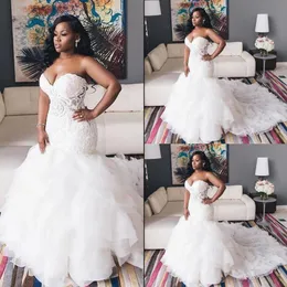 2022 Sexy African Sweetheart Mermaid Wedding Dresses Illusion Lace Appliques Crystal Beaded Ruffles Tiered Organza Formal Bridal G2767
