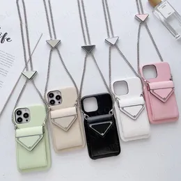 Luxurious Designer Big Triangle Cell Phone Case for iPhone 14 13 12 11 Pro Max Card Slot Holder Pocket Back Fashion Cover Storage Shoulder Bag Handbag Chain