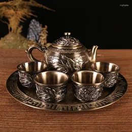 Geschirr-Sets, hochwertiges Tee-Set, altmodische Bronze-Teekanne, Drache und Phönix, versilberte Weinornamente
