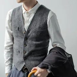 Vests Men's Vest Gray Wedding Herringbone Wool Tweed Waistcoat V Neck Formal Business Vest Groomman for Groom Wear Wedding Dress Vest