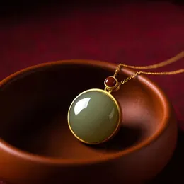 Colar de prata esterlina feminino ouro antigo conjunto com pingente de miçangas Hotan Jade perfeito retrô China-Chic Ruyi pingente de corrente de jade