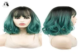 Black Gradient Dark Green Qi Liu Hai Woman Short Curly Hair Wig Synthetic Wigs8896733