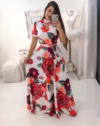 Yaz Boho Çiçek Baskı Uzun Elbise Kısa Kollu Tunik Elbise Kadın Moda Akşam Partisi Elbise Günlük Elbise