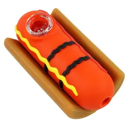 Latest Cool Colorful Hand Silicone Pipes Portable Hot Dog Style Glass Filter Spoon Bowl Herb Tobacco Cigarette Holder Hookah Waterpipe Bong Smoking Tube