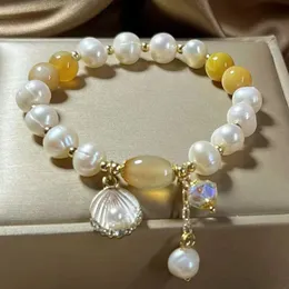Bracciale di perle d'acqua dolce naturale, pendente con conchiglia di cristallo di agata femminile, versione coreana, gioielli regalo per fidanzata e migliore amica