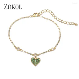 Link Bracelets ZAKOL Summer Beach Fashion Jewelry For Women Gold Color Plated Green Cubic Zirconia Heart Charm
