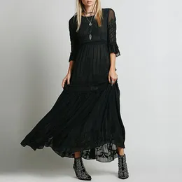 Jurk Borduren Boheemse Maxi Jurk Dames 2023 Zeven Mouwen Ronde Hals Sexy Lang Gewaad Chic Loose Fit Katoenen strandjurk Vrouwelijke Gewaad