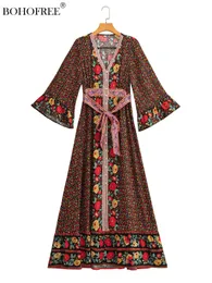 Elbise vintage şık rayon pamuk boho robe v boyun 3/4 kollu çiçek baskı uzun elbise tesisi giymek plaj kimono vestidos femme kapak